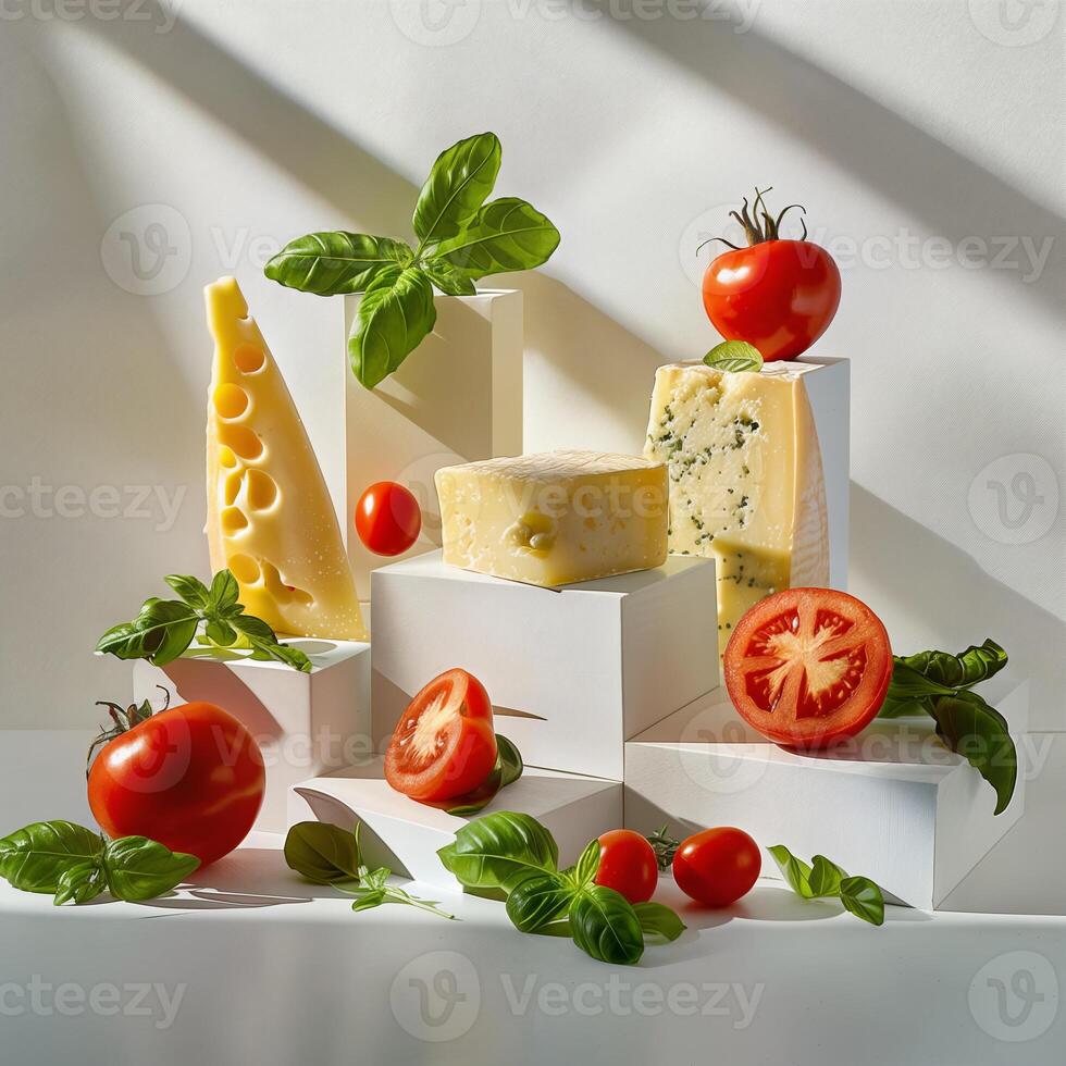 Cheese and tomatoes with fresh basil displayed creatively photo