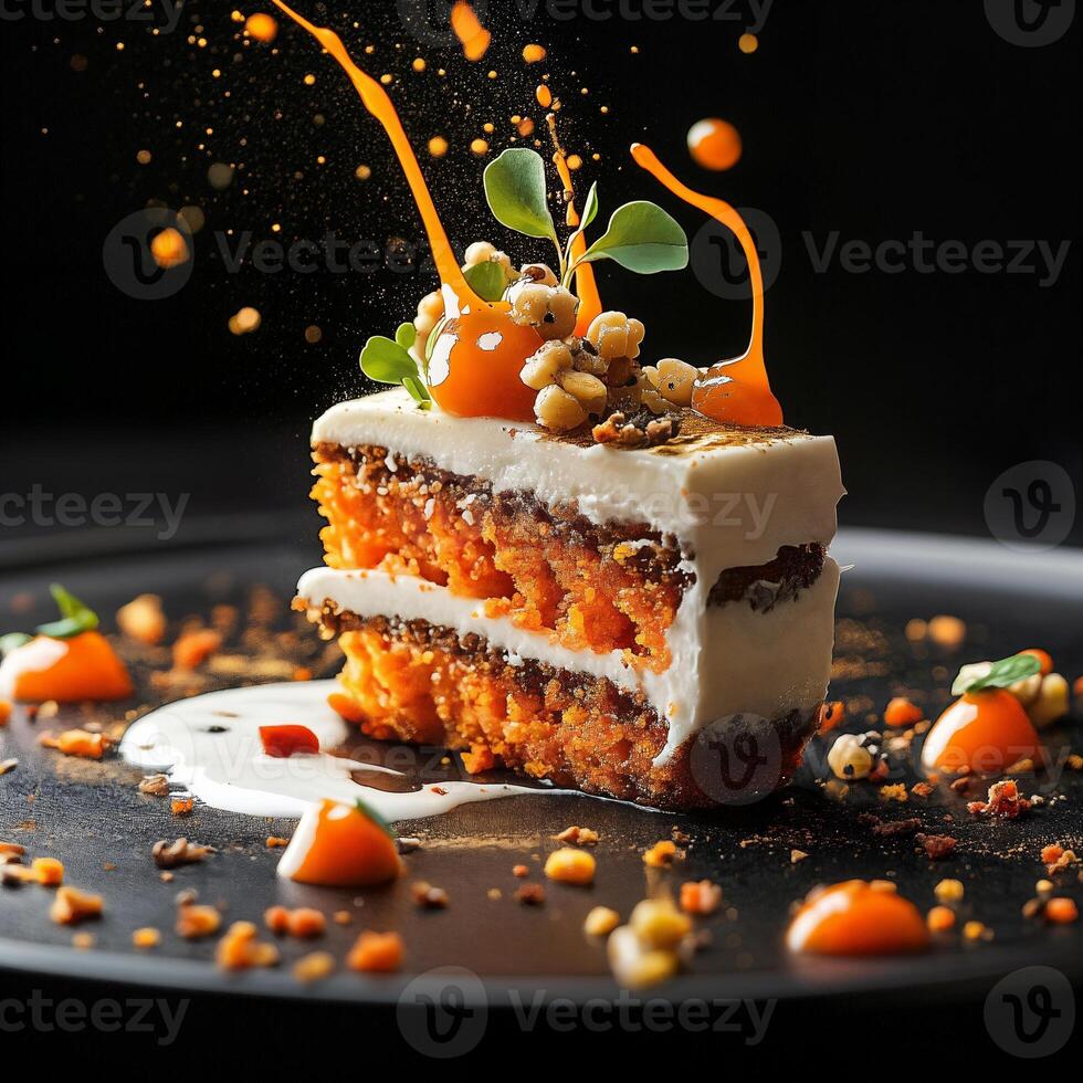 Gourmet carrot cake slice adorned with vibrant toppings photo