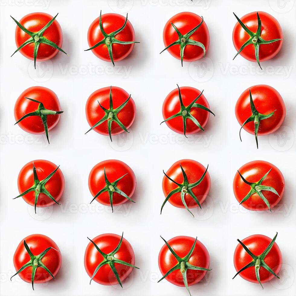 Fresh red tomatoes arranged in a grid pattern photo