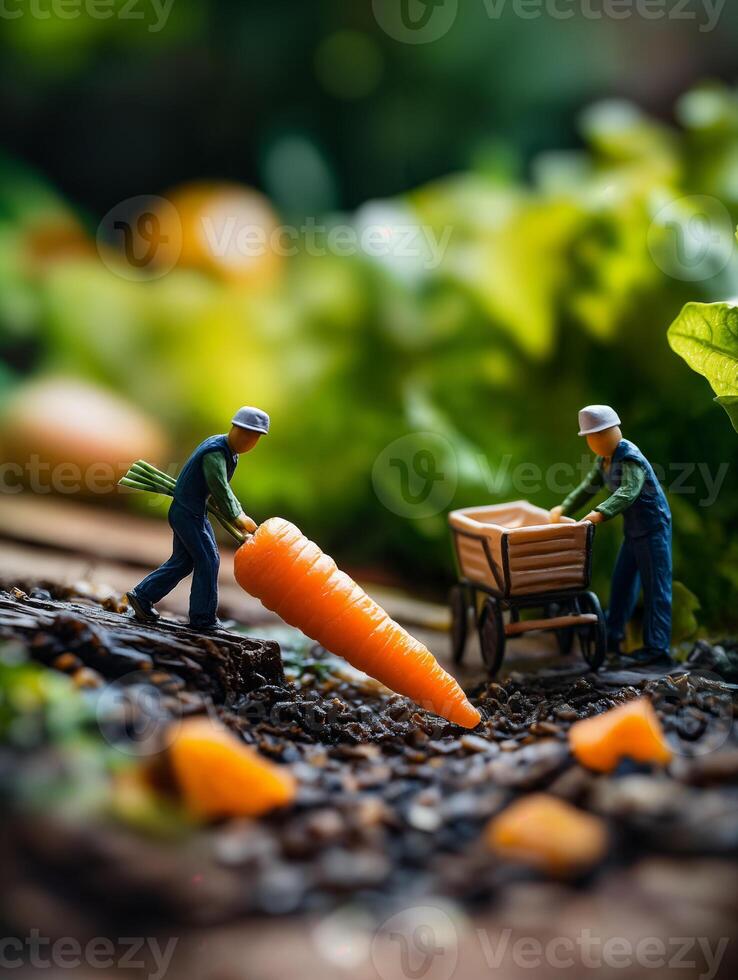 Miniature gardeners harvesting fresh produce from soil photo