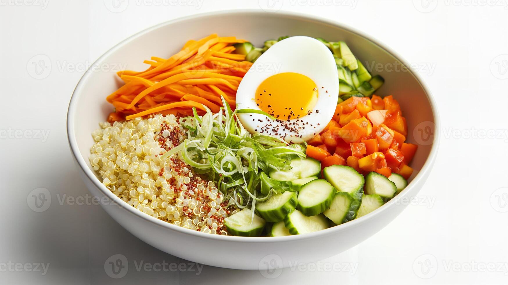 Nutrient-rich quinoa bowl with fresh vegetables and a soft-boiled egg photo