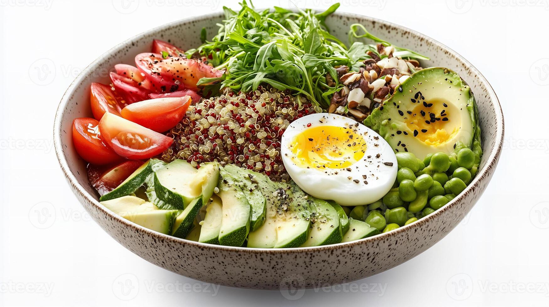 Nutritious salad bowl with quinoa, avocado, boiled egg, and fresh vegetables photo