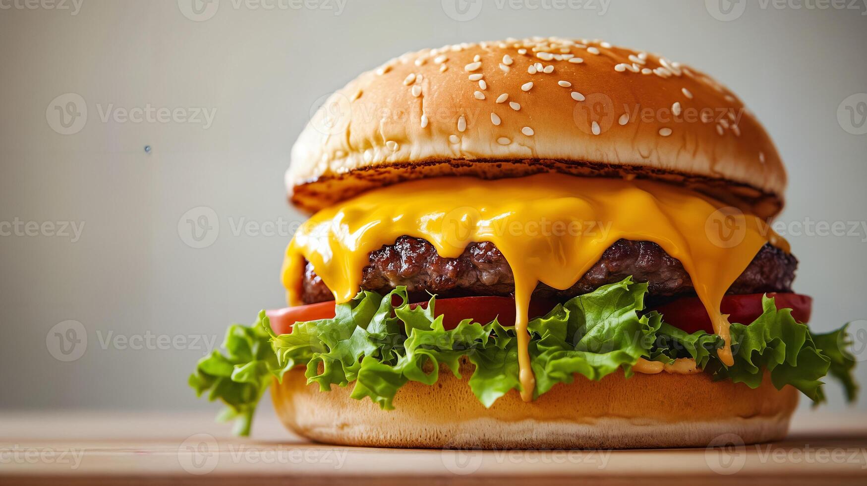 Delicious cheeseburger with dripping melted cheese and fresh toppings photo