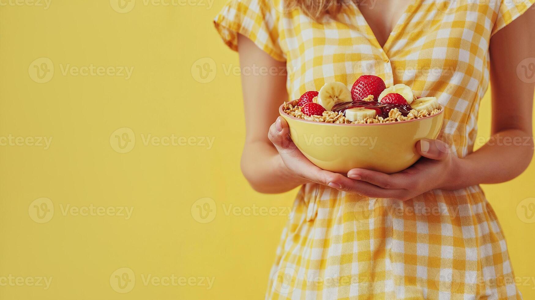 Close-up of a cheeseburger on a plate, held by a person in yellow gingham, vibrant yellow background, fresh look., Close-up of a cheeseburger on a plate, held by a person in yellow photo