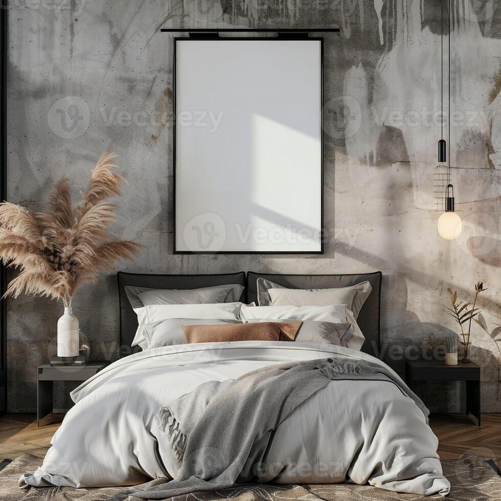 Frame mockup in interior. Cozy bedroom with empty poster frame and mirror on grey concrete wall and grey bed. Sunset light photo