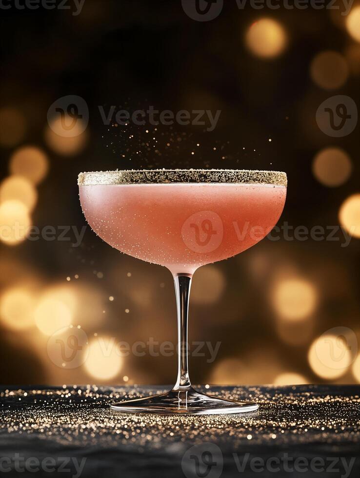 Elegant Sparkling Cocktail in a Glittery Glass with Golden Bokeh Background photo