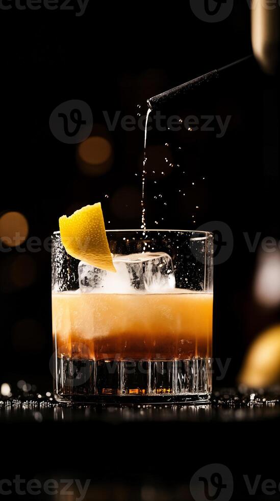 Refreshing Cocktail with a Splash of Lemon and Ice in a Dark Atmosphere photo