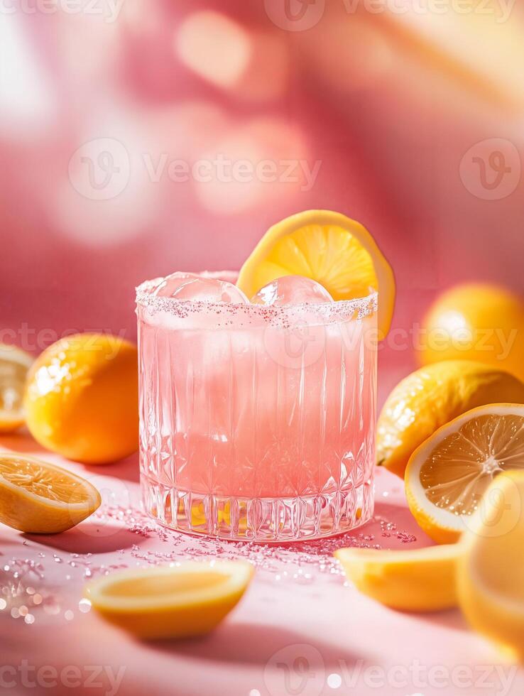 Refreshing Pink Lemonade Cocktail with Lemons and Ice in Bright Setting photo