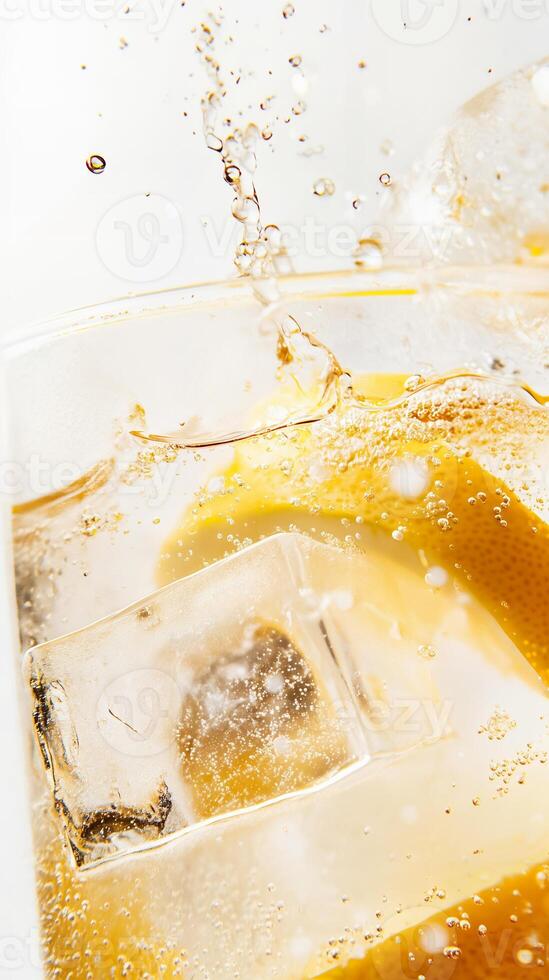 Refreshing Sparkling Drink with Ice and Citrus Elements photo