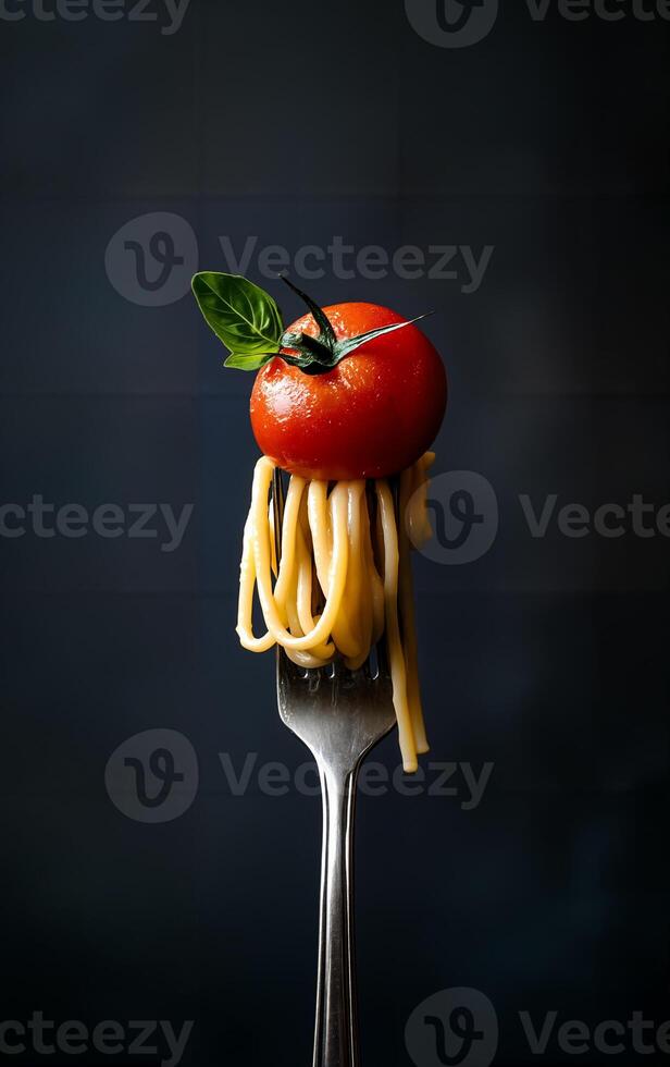 A fork with spaghetti topped with a fresh tomato and basil leaf against a dark background photo