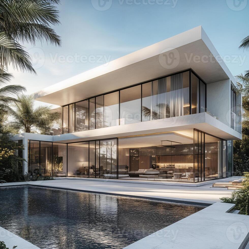 Modern Luxury Tropical Home with Pool and Large Windows photo