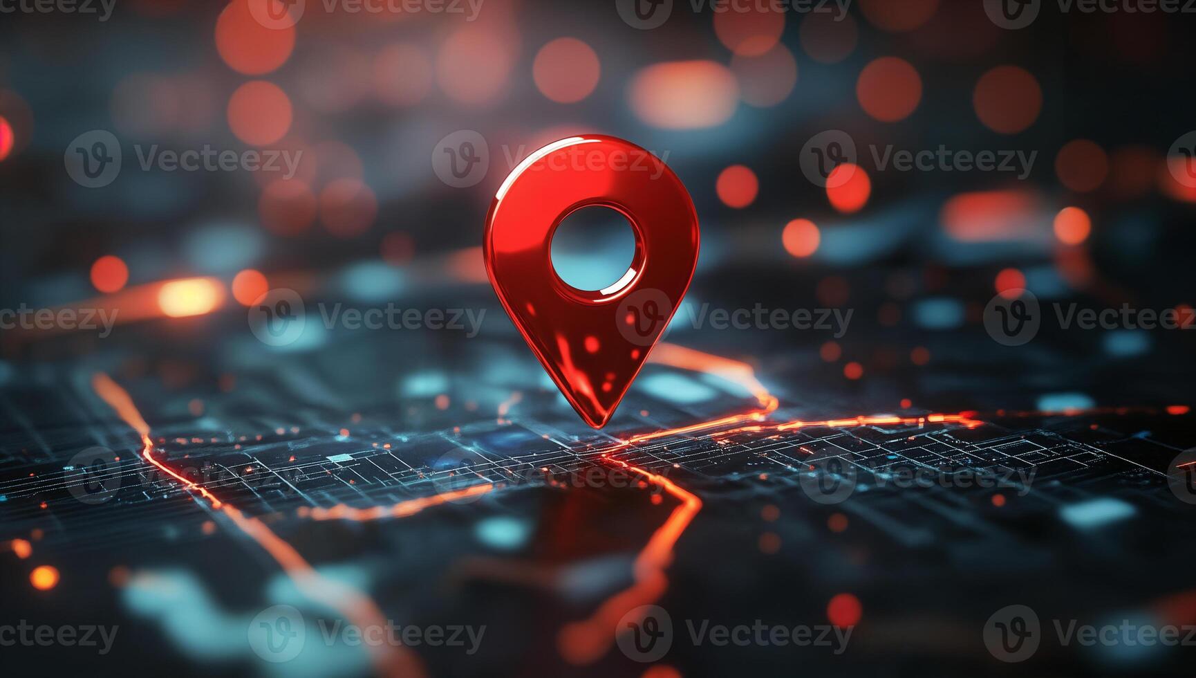 Shiny red location pin on a digital map with abstract neon elements photo