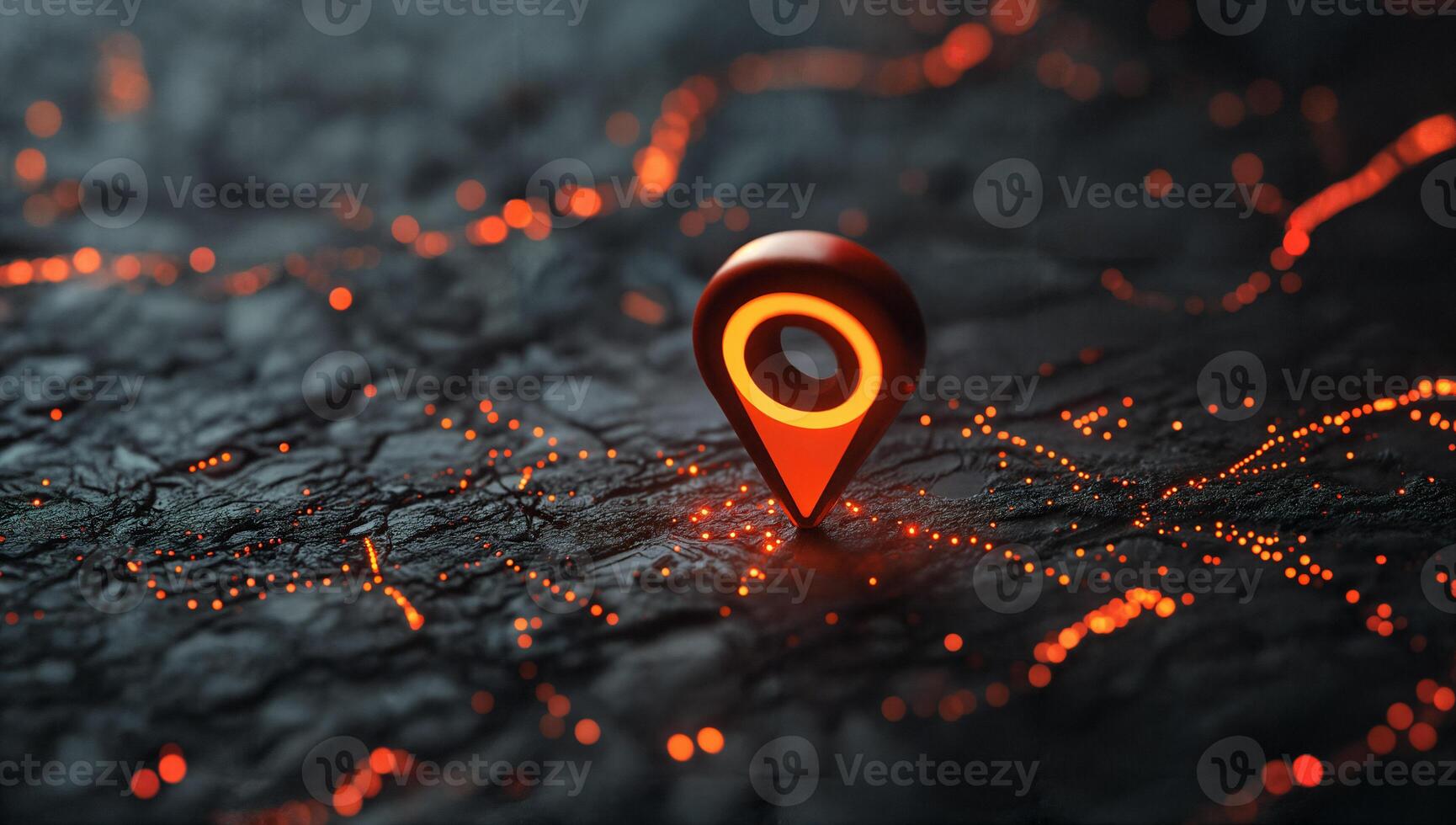 Glowing Map Pin Indicator on Dark Terrain with Red Trails photo