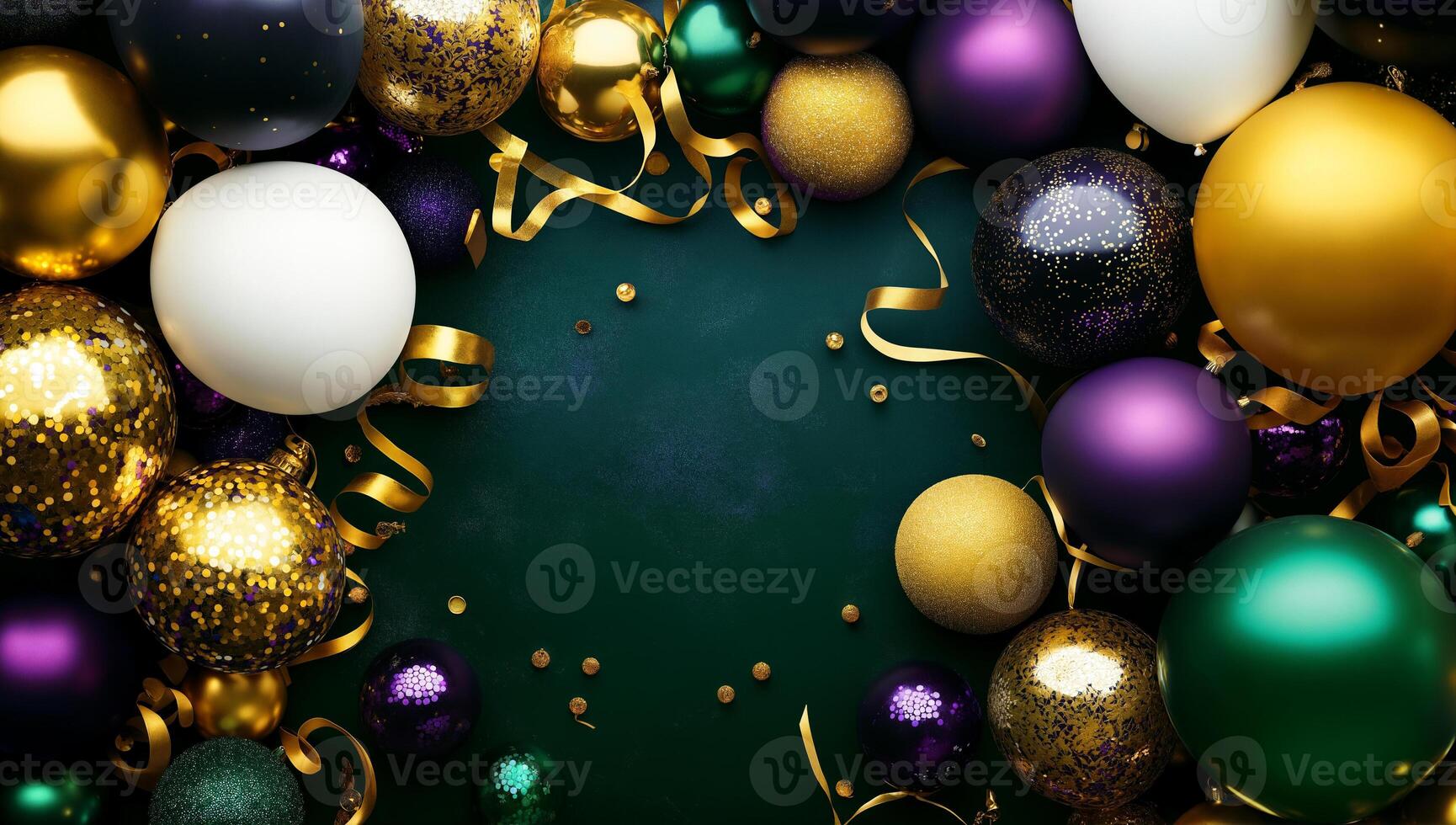 Colorful Christmas Ornaments and Ribbons on Festive Background, background for celebrating and birthday photo