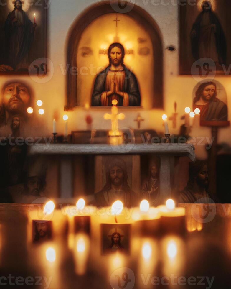 A serene atmosphere in a candlelit chapel with religious icons photo