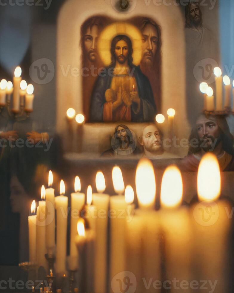 Serene Moment of Reflection with Illuminated Candles and Religious Artwork photo