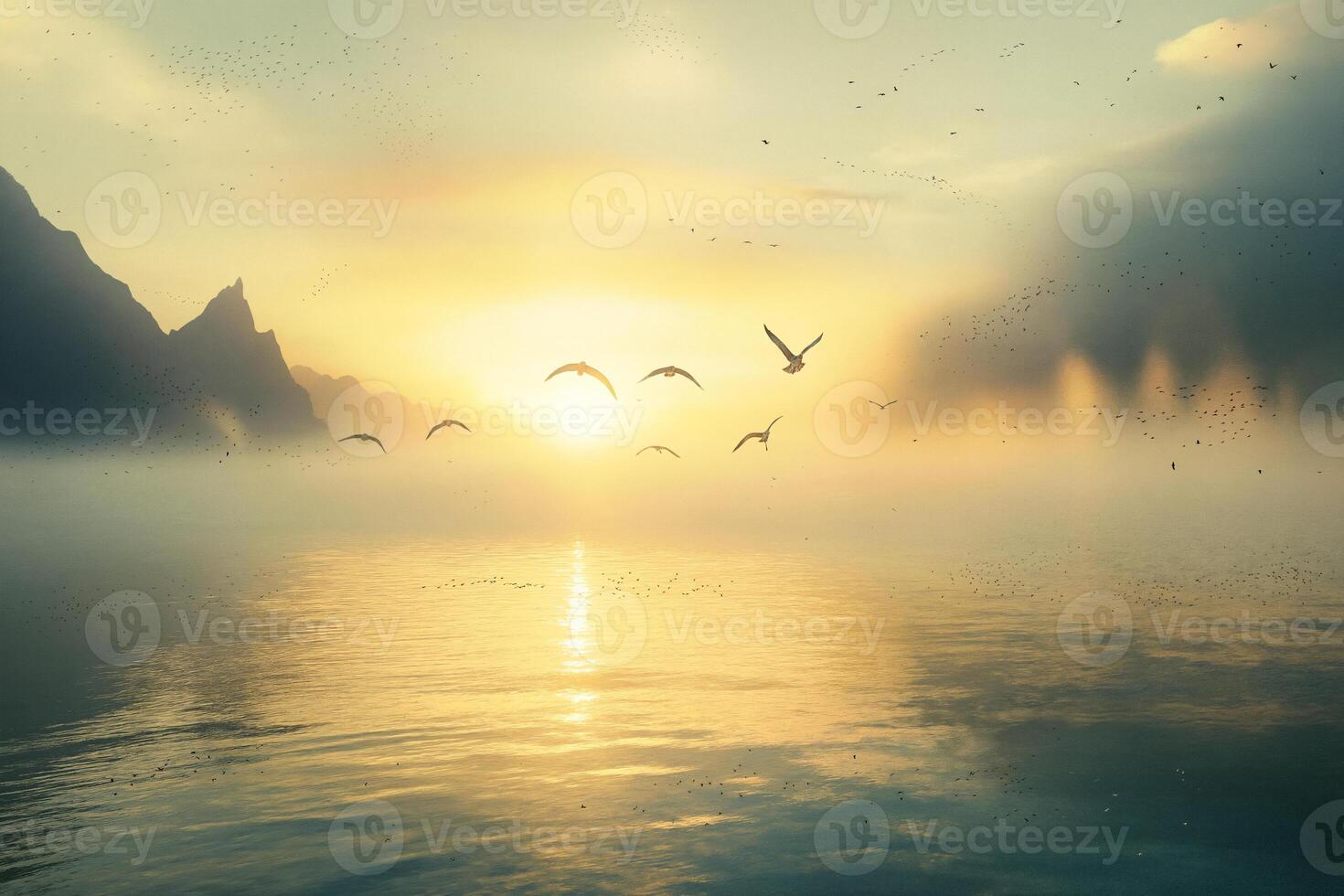 Serene Sunrise Over Calm Waters with Flying Birds photo