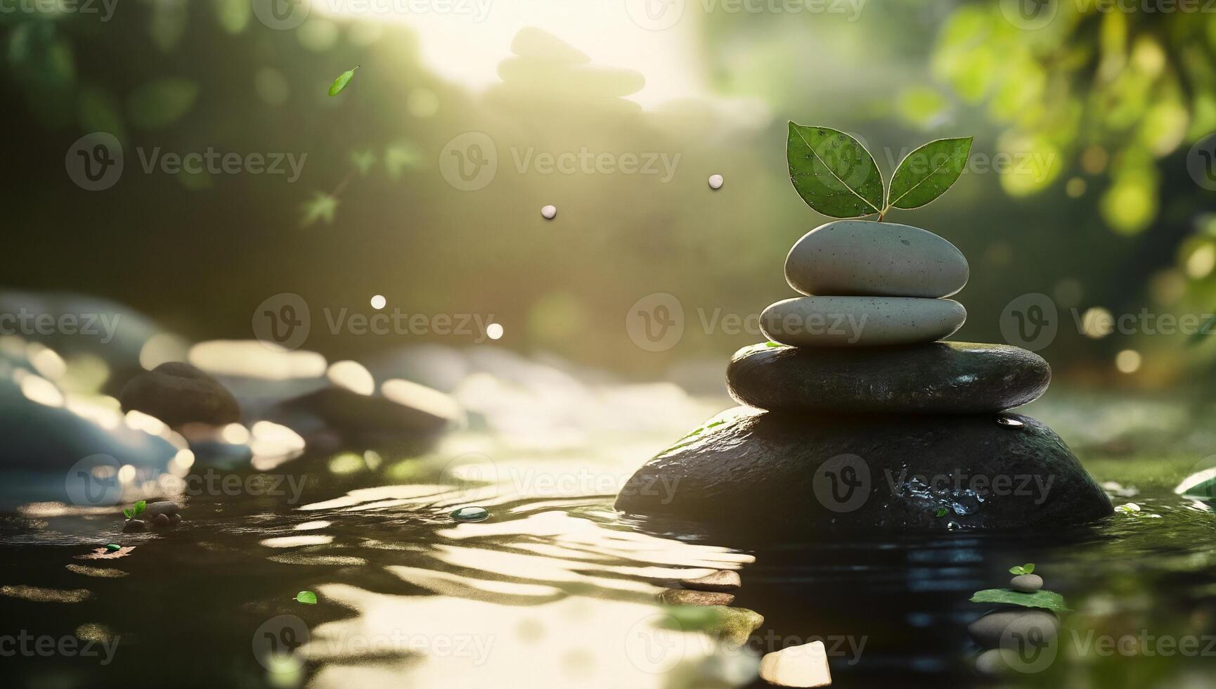 Tranquil Zen Stone Stack with Floating Leaves in Calm Water photo