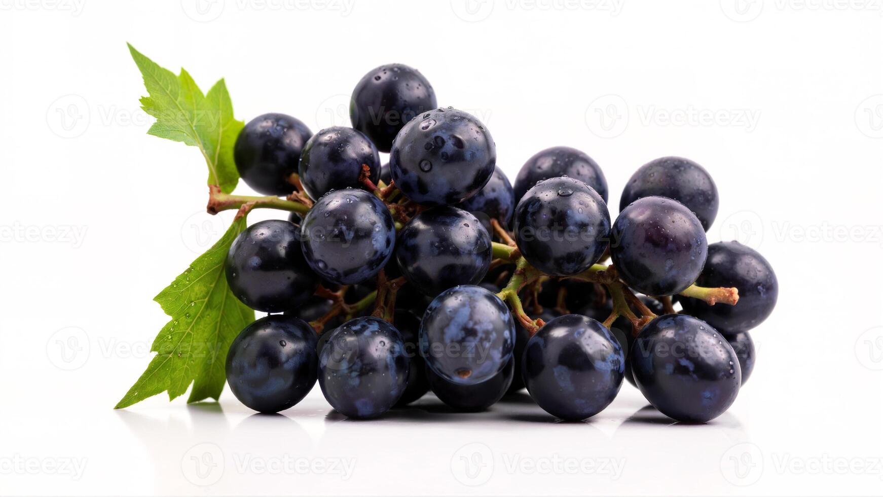 Fresh and Juicy Black Grapes with Green Leaves on a White Background photo