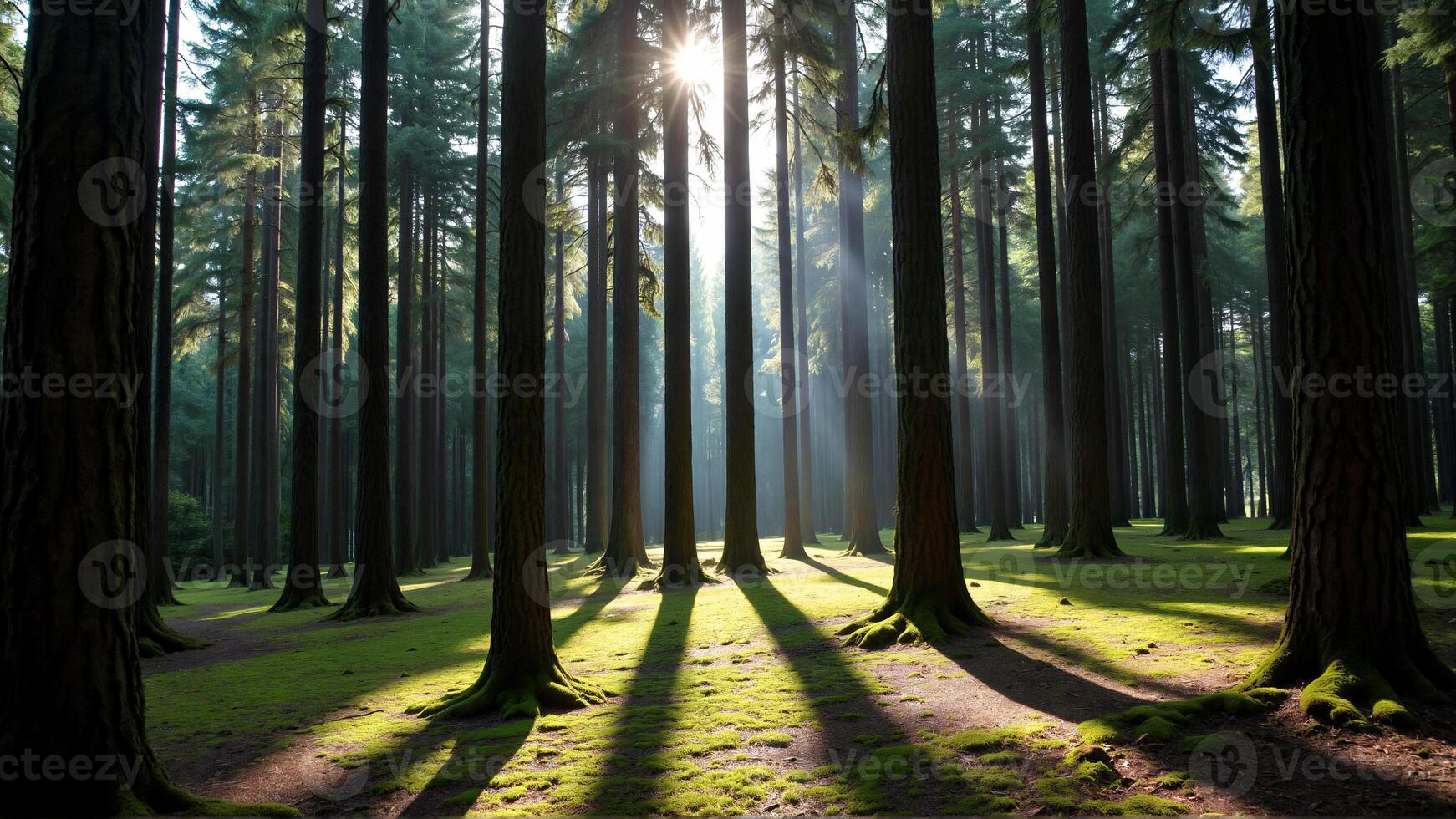 Serene Forest With Sunlight Filtering Through Majestic Trees photo