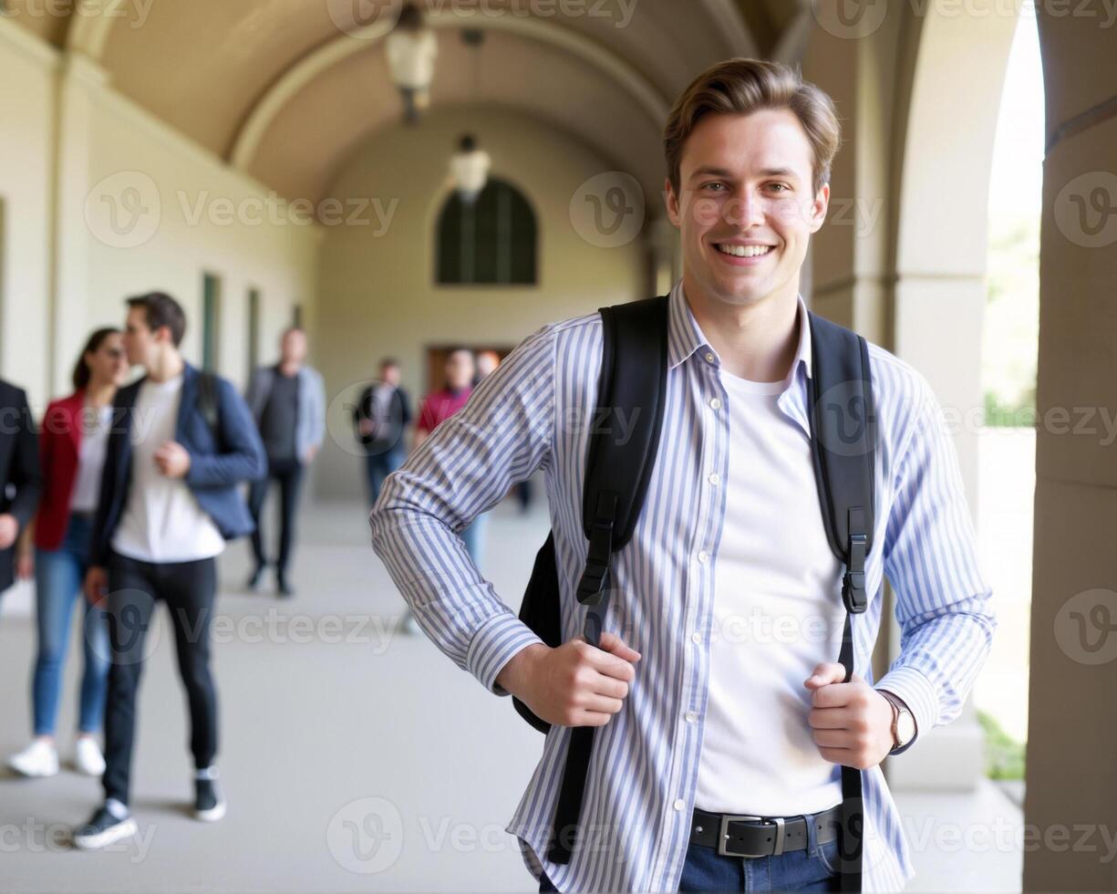 Smiling Student Walking Through a University Corridor with Peers photo