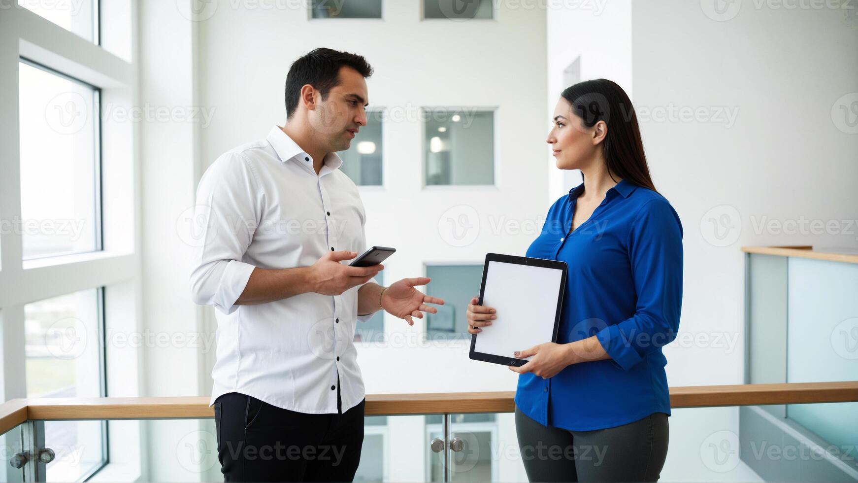 Business Professionals Engaged in Conversation in a Modern Office Setting photo