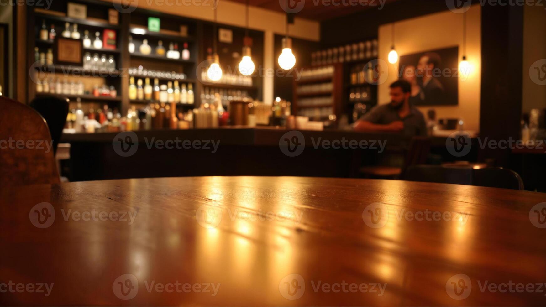Cozy Bar Atmosphere with Soft Lighting and Wooden Table photo
