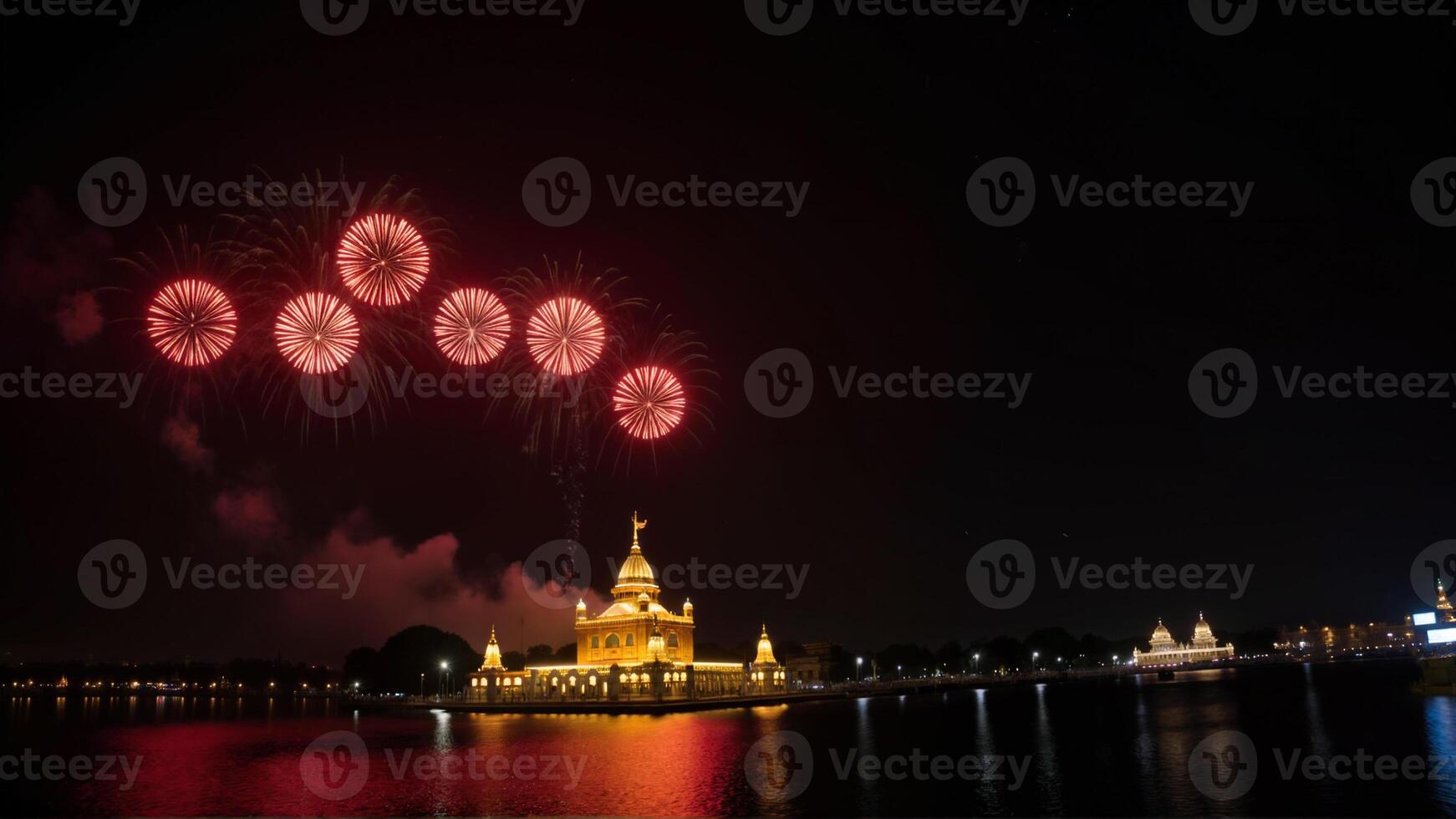 Spectacular Fireworks Display Over Illuminated Temples Reflecting in Water photo