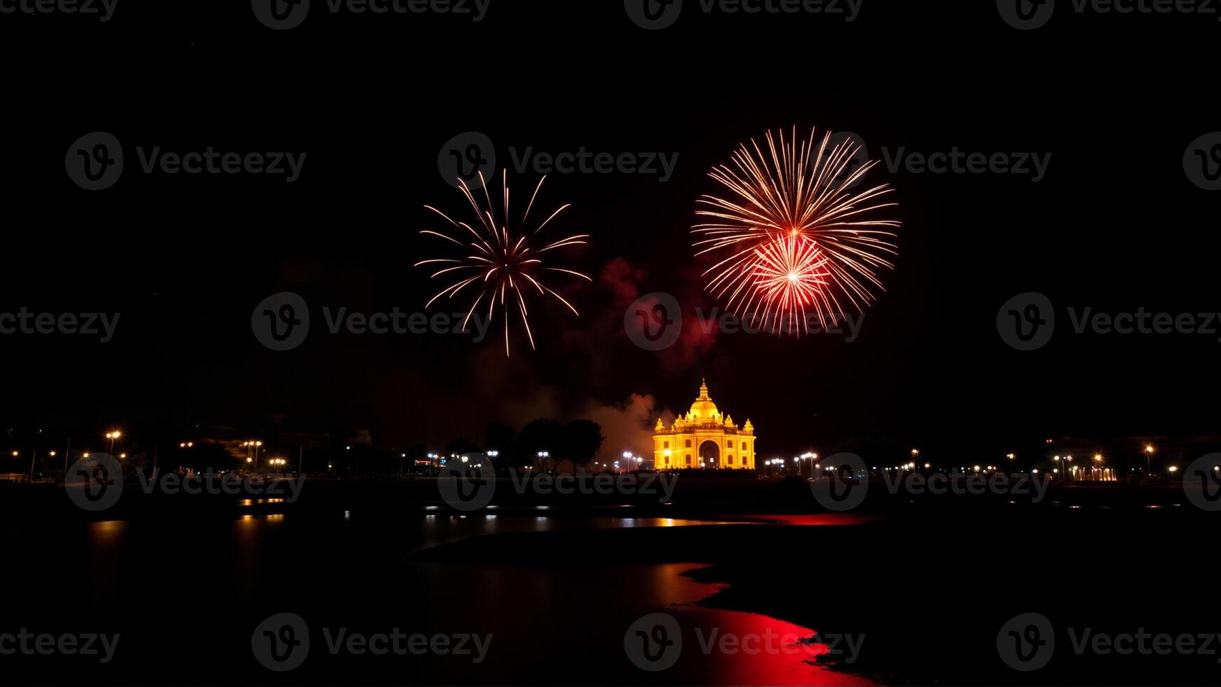 Spectacular Fireworks Display Over Majestic Landmark at Night photo