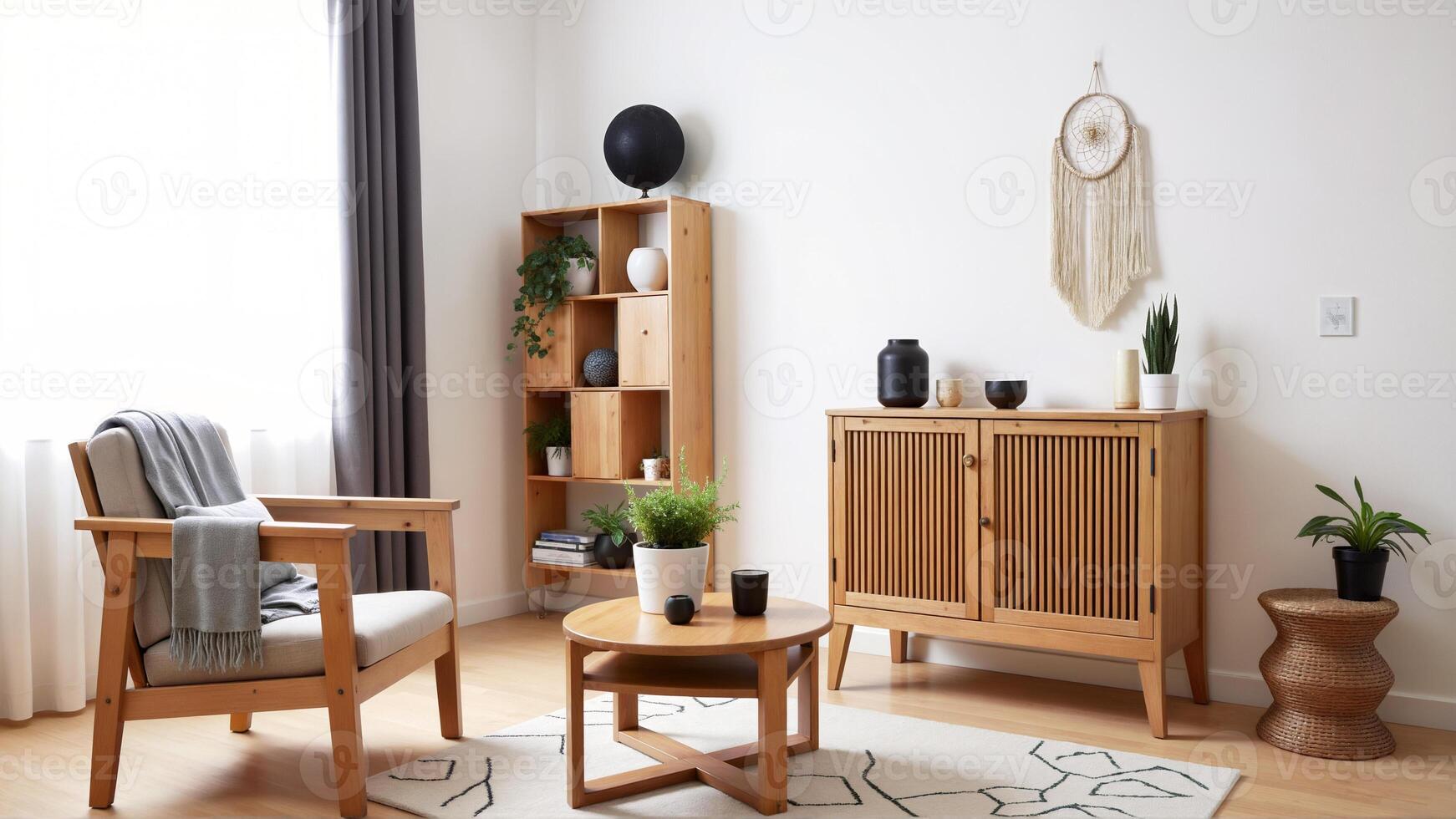 Stylish Scandinavian Living Room with Natural Wood Furniture and Plants photo