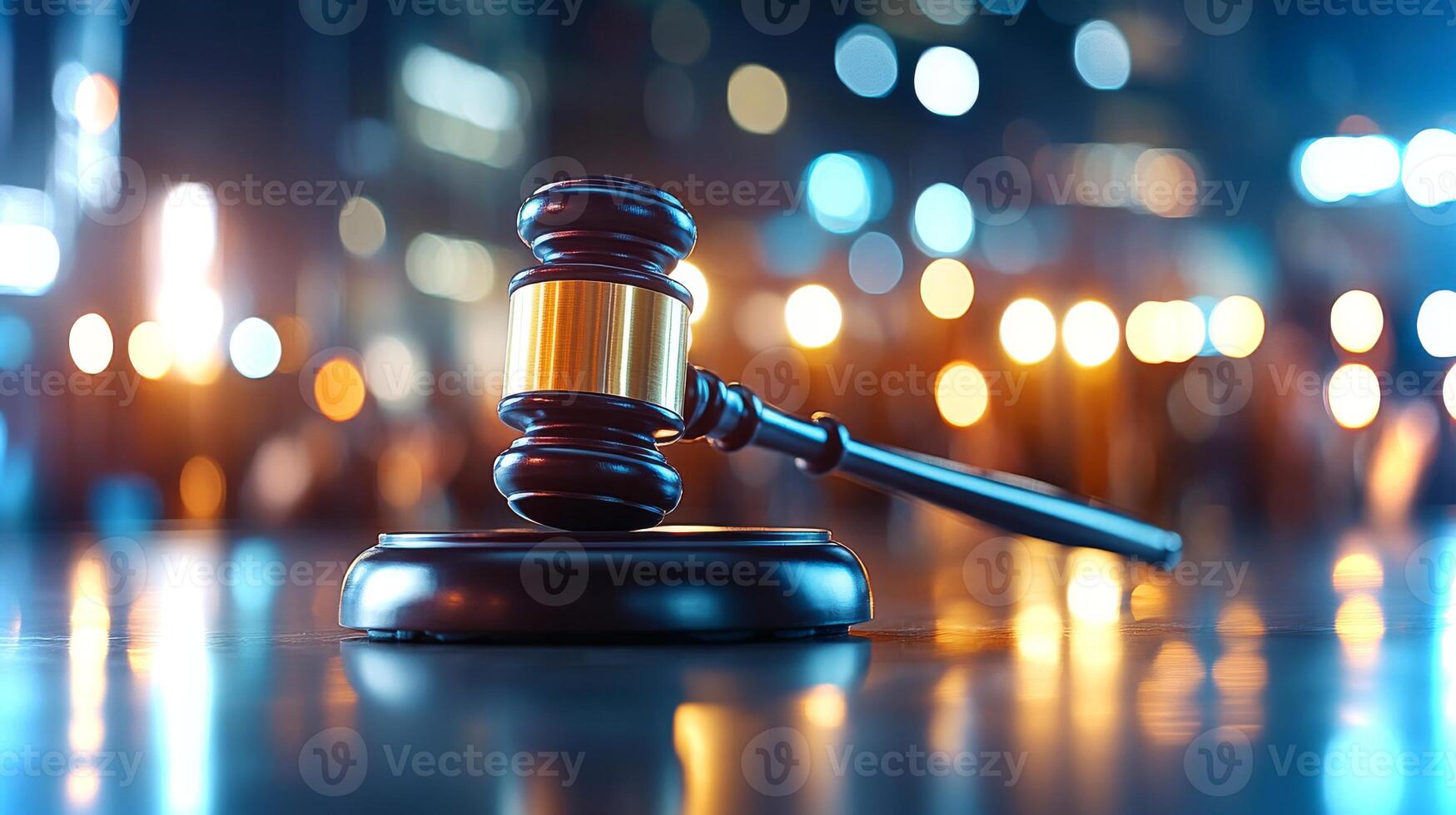 The setting features a gavel on a wooden block, representing authority and the judicial process, illuminated by city lights in the background, emphasizing justice. photo