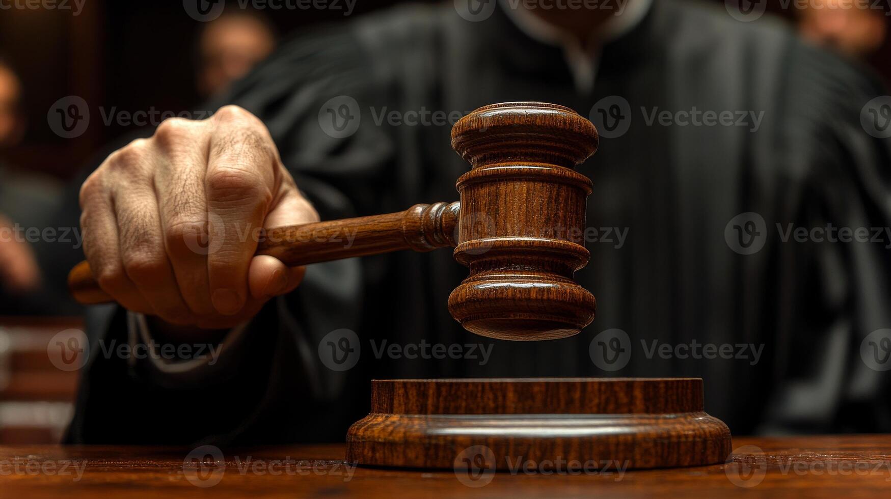 A judge strikes the gavel decisively in a courtroom, symbolizing a final verdict. The atmosphere is tense, reflecting the weight of the moment for those present. photo