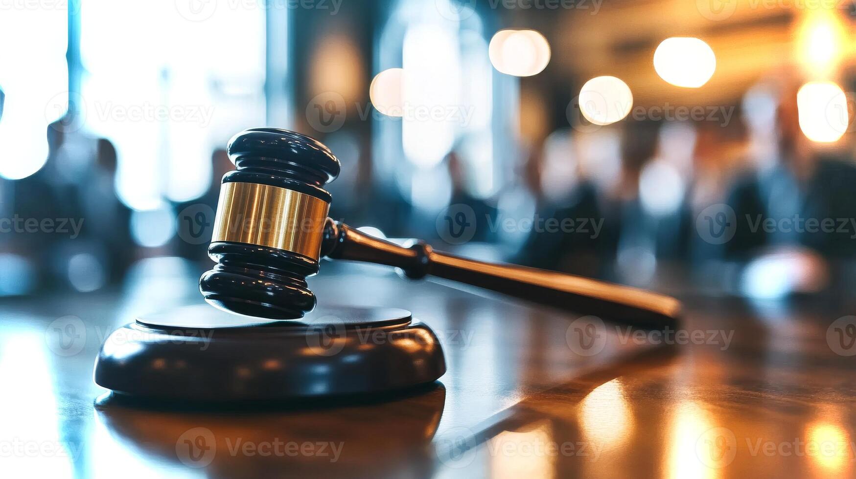 A gavel rests on a wooden podium in a courtroom, symbolizing justice as a verdict is about to be delivered. Observers await the decision with anticipation. photo