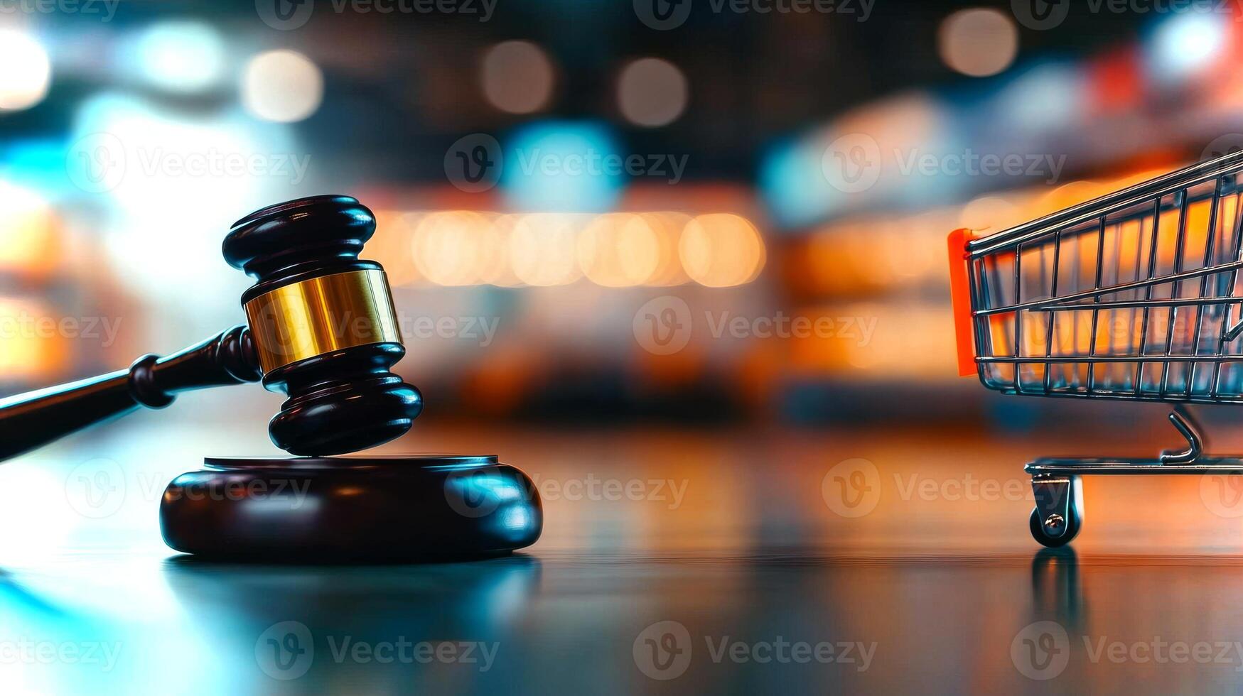 A gavel rests on a wooden block beside a shopping cart, symbolizing the connection between justice and consumer law in today's world. photo