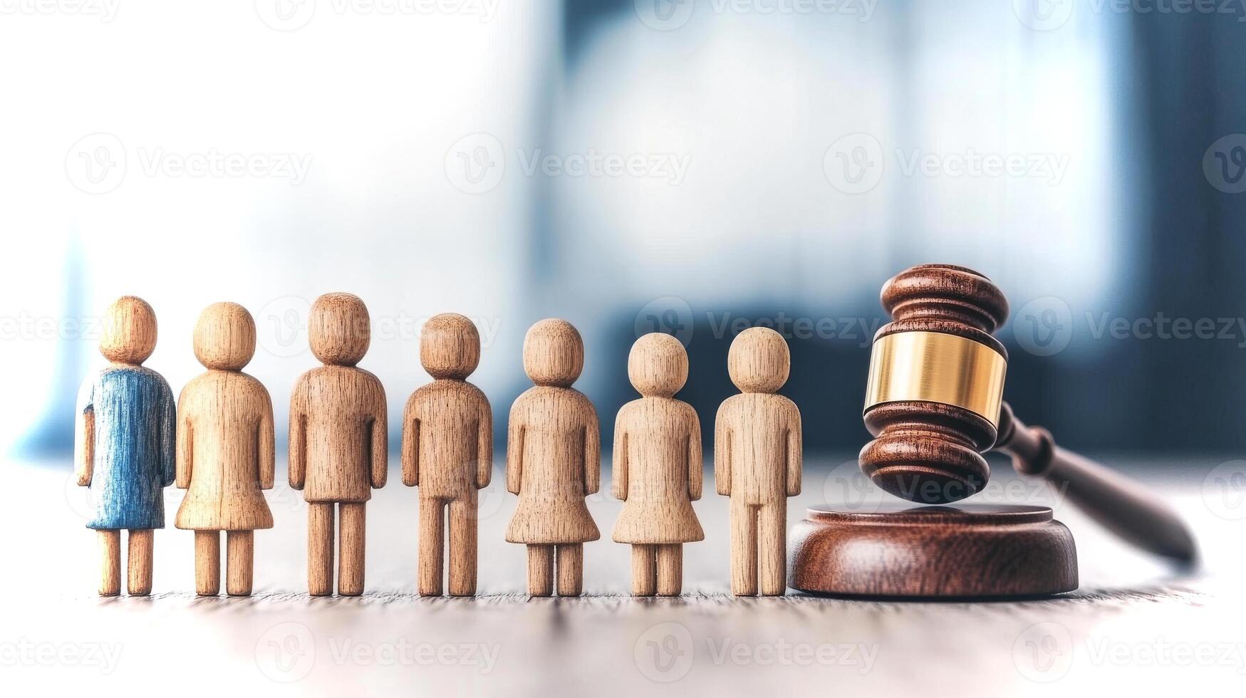 In a courtroom, wooden figurines line up, representing individuals awaiting a verdict. A gavel rests nearby, symbolizing justice being served. photo