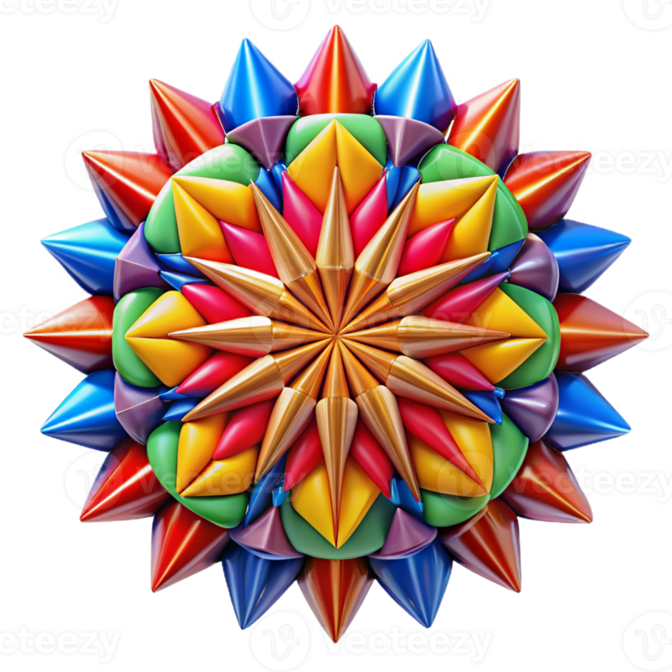 magnificent modern A kaleidoscopic array of symmetrical, geometric patterns in bold primary colors, with sharp, contrasting lines, under a bright, even lighting. Style psychedelic, op art authentic png