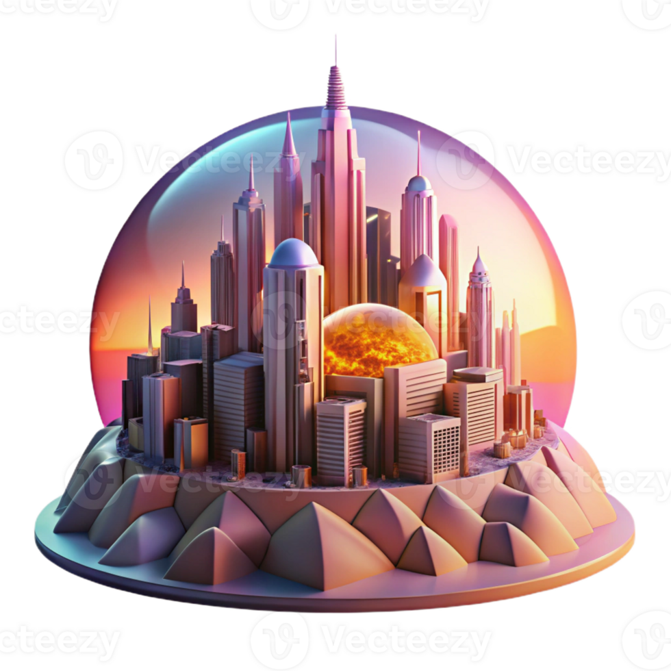 serene creative A futuristic cityscape built into the side of a colossal asteroid, bathed in the pink and orange glow of a binary sunset. Style Art Deco meets cyberpunk exclusive png