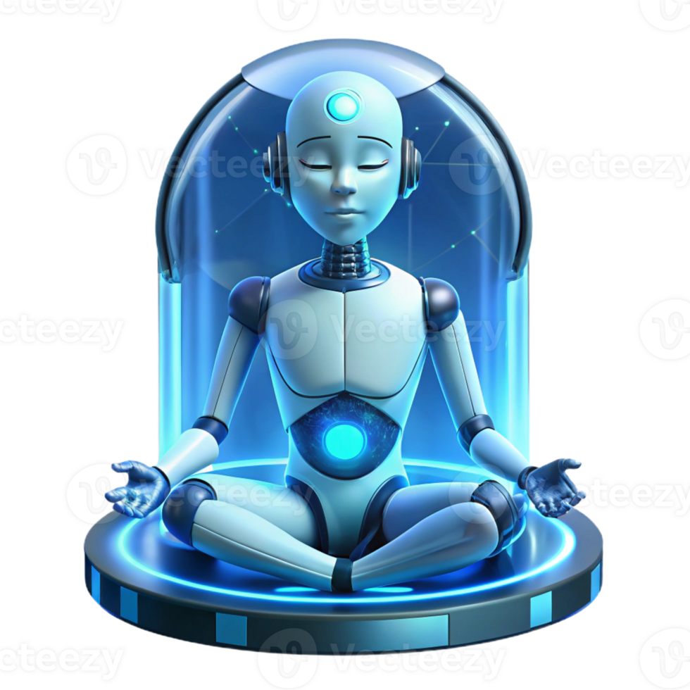 stunning vintage A humanoid robot with glowing circuitry visible beneath its translucent skin, meditating in a zero-gravity chamber. Lighting soft, ambient blue. Style dreamlike, surreal detailed png