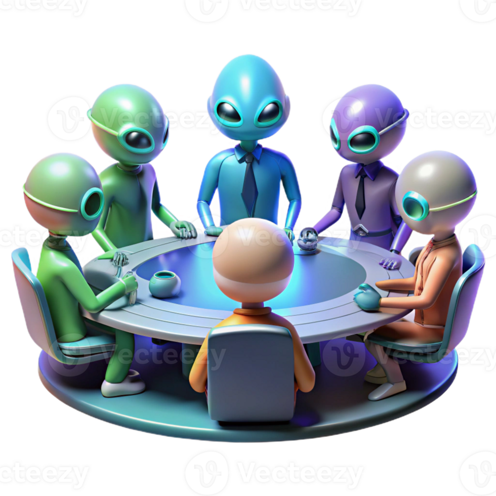 vibrant classic A group of diverse alien species gathered around a holographic table, engaged in a diplomatic meeting. Lighting cool, futuristic. Style graphic novel exclusive png