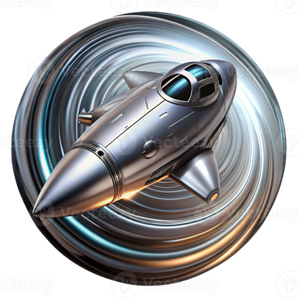 serene vintage A sleek, chrome spaceship with intricate engravings, speeding through a wormhole, leaving trails of swirling energy. Lighting dramatic, high-contrast. Style photorealistic genuine png