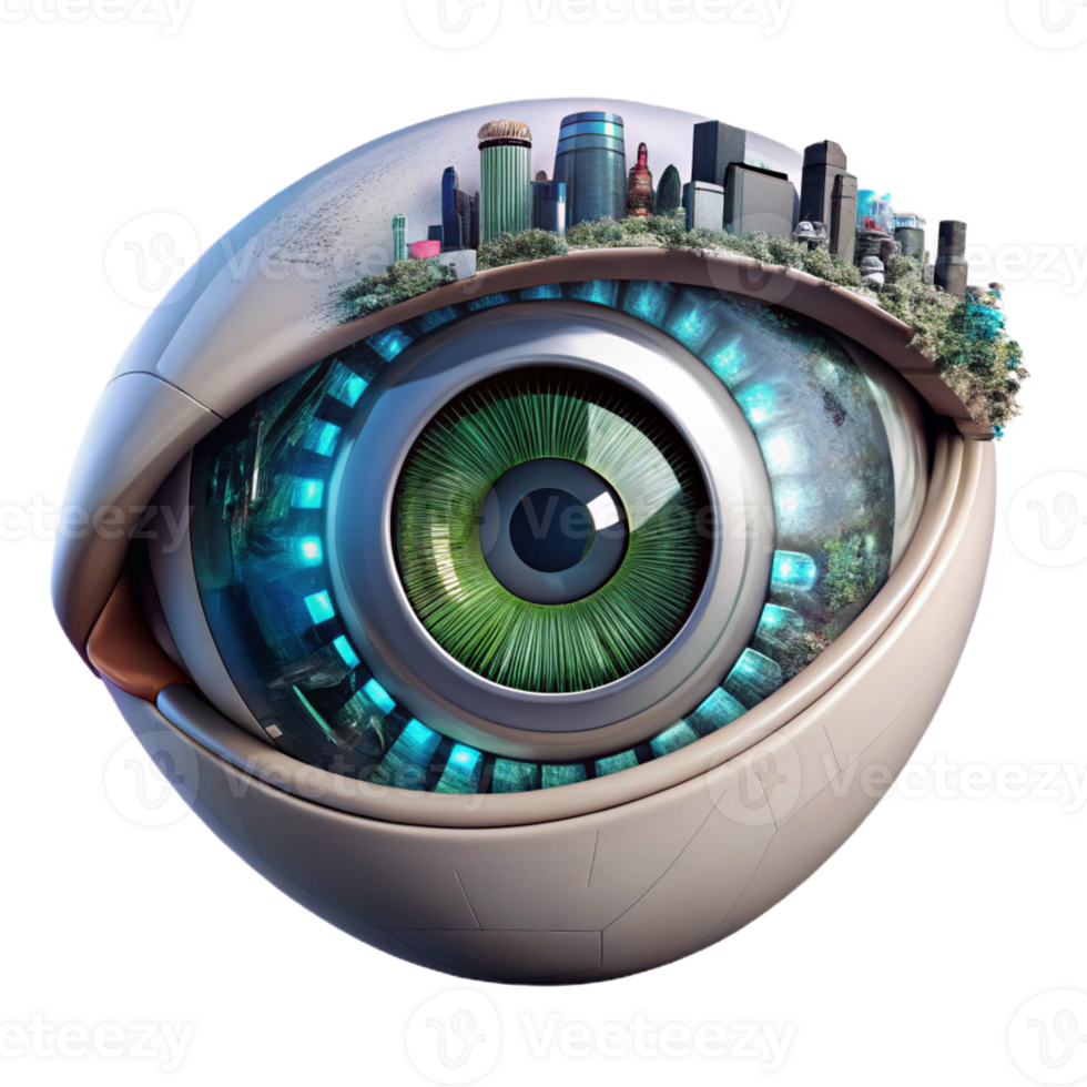 elegant traditional A close-up of a cyborg eye, intricate mechanical parts interwoven with organic tissue, reflecting a holographic cityscape. Lighting sharp, focused. Style biopunk high quality png