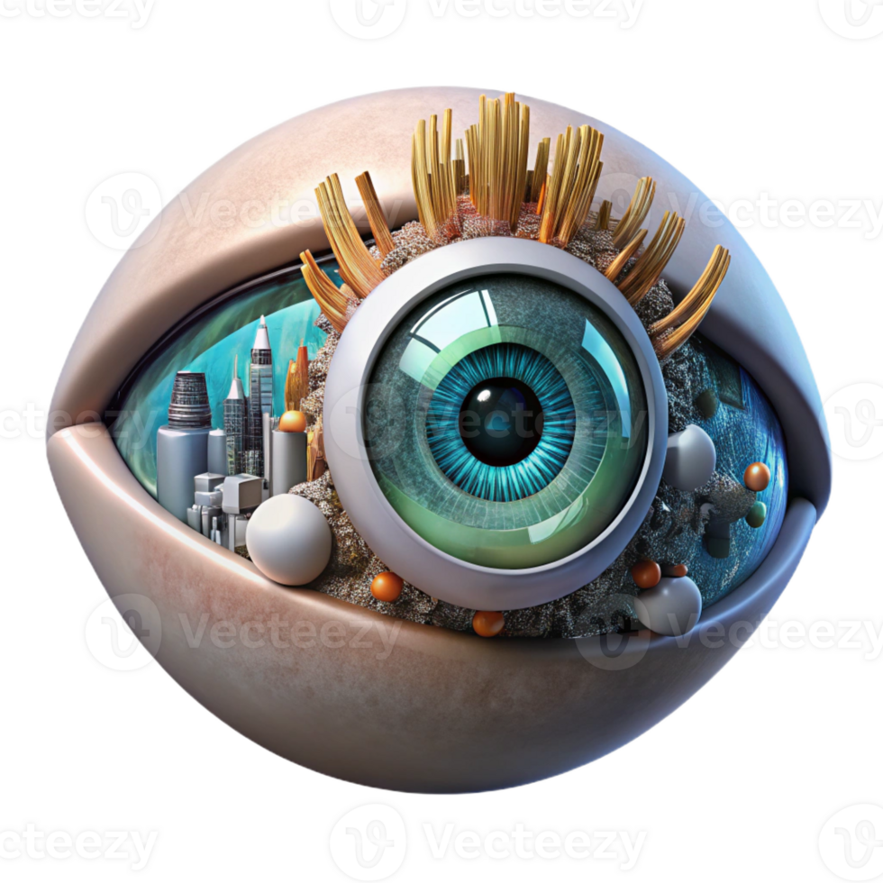 stunning rustic A close-up of a cyborg eye, intricate mechanical parts interwoven with organic tissue, reflecting a holographic cityscape. Lighting sharp, focused. Style biopunk 4K png