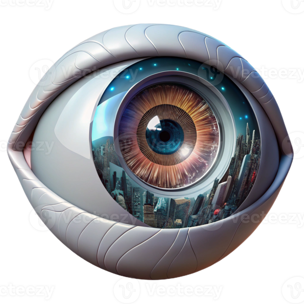 magnificent modern A close-up of a cyborg eye, intricate mechanical parts interwoven with organic tissue, reflecting a holographic cityscape. Lighting sharp, focused. Style biopunk exclusive png