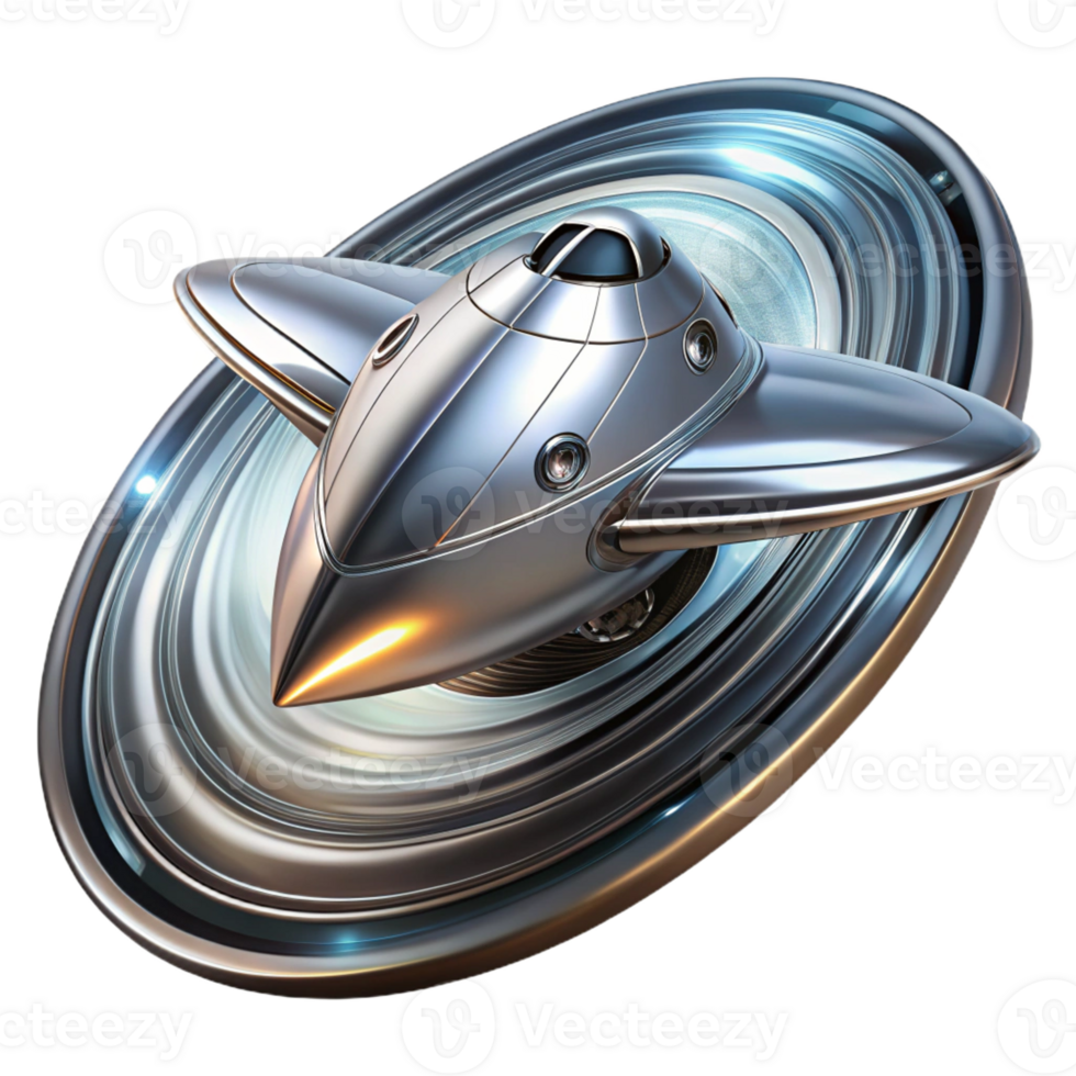 elegant artistic A sleek, chrome spaceship with intricate engravings, speeding through a wormhole, leaving trails of swirling energy. Lighting dramatic, high-contrast. Style photorealistic premium png