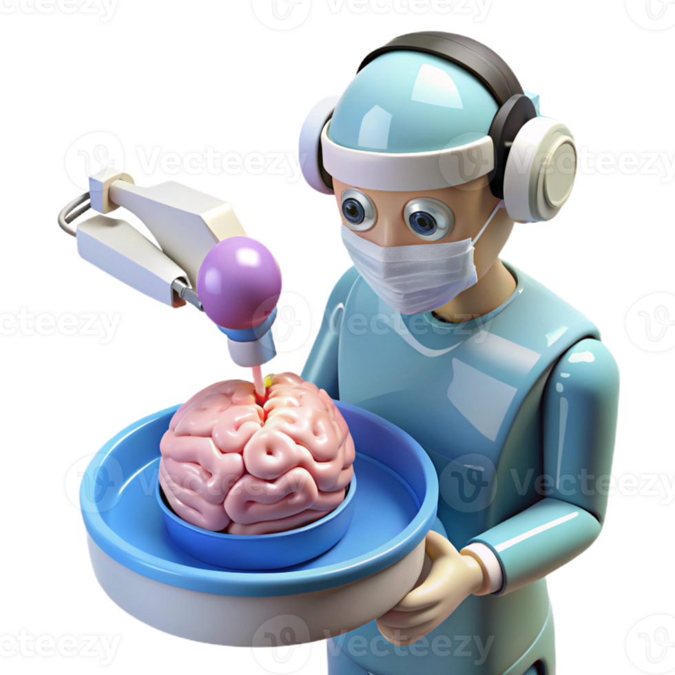 elegant rustic A robotic surgeon performing delicate surgery on a human brain, using laser scalpels. Lighting bright, sterile. Style medical illustration 4K png