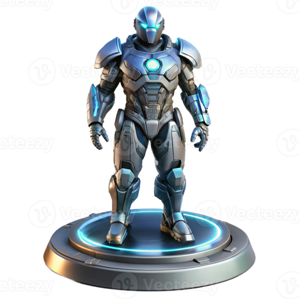 serene vintage A futuristic armor suit equipped with advanced weaponry and technology, displayed on a pedestal. Lighting spotlight, dramatic. Style concept art professional png