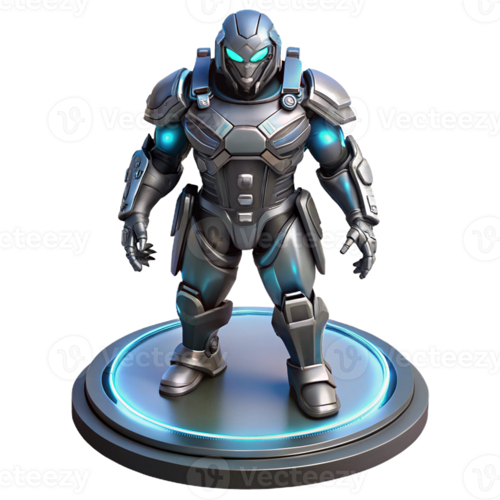 extraordinary classic A futuristic armor suit equipped with advanced weaponry and technology, displayed on a pedestal. Lighting spotlight, dramatic. Style concept art high quality png