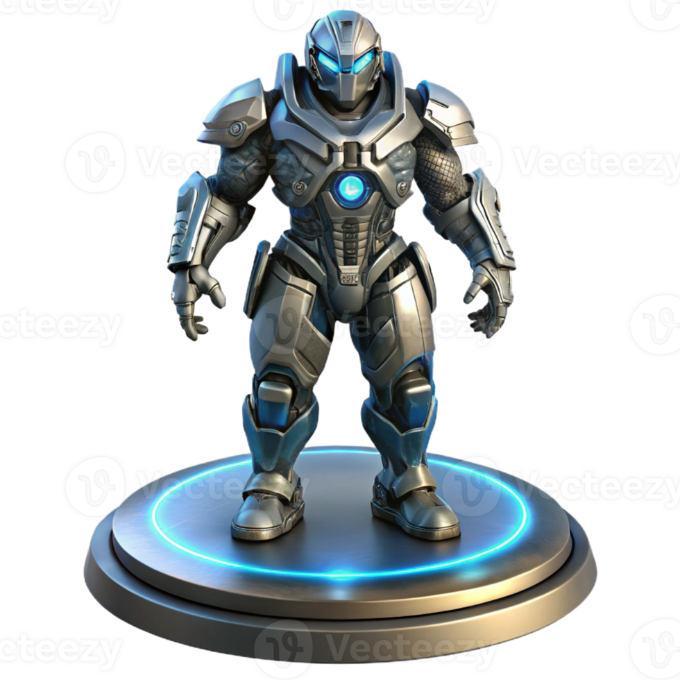 wonderful traditional A futuristic armor suit equipped with advanced weaponry and technology, displayed on a pedestal. Lighting spotlight, dramatic. Style concept art genuine png