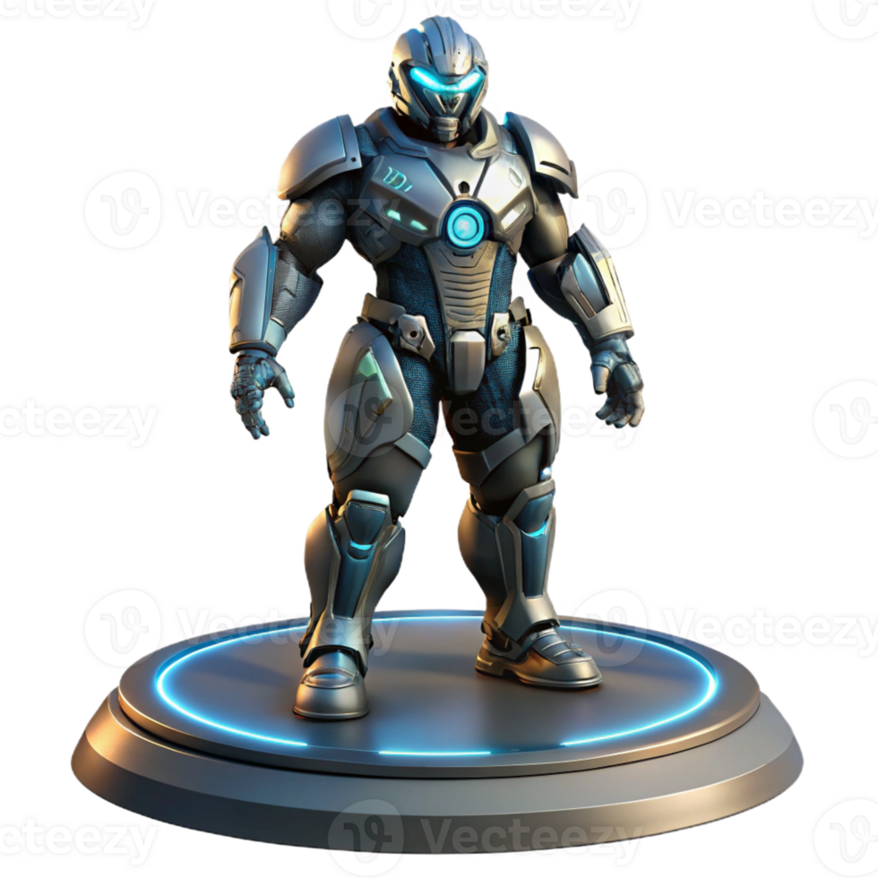 impressive vintage A futuristic armor suit equipped with advanced weaponry and technology, displayed on a pedestal. Lighting spotlight, dramatic. Style concept art exclusive png