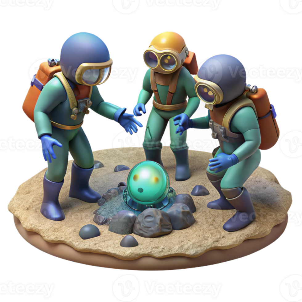 impressive vintage A group of explorers in advanced diving suits discovering an ancient alien artifact on the ocean floor. Lighting underwater, mysterious. Style photorealistic authentic png